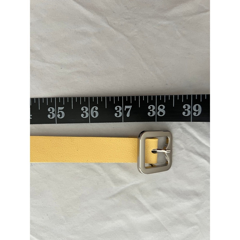 Womens Skinny Yellow Faux Leather Belt Silver Square Buckle Grommet Detail - Picture 3 of 7